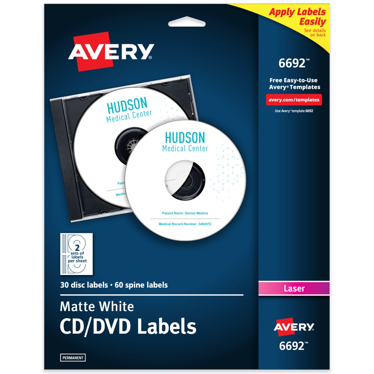 Avery Printable CD Labels, Matte White, Permanent Adhesive, Laser Printers, 30 Blank CD Labels & 60 Spine Labels (6692)